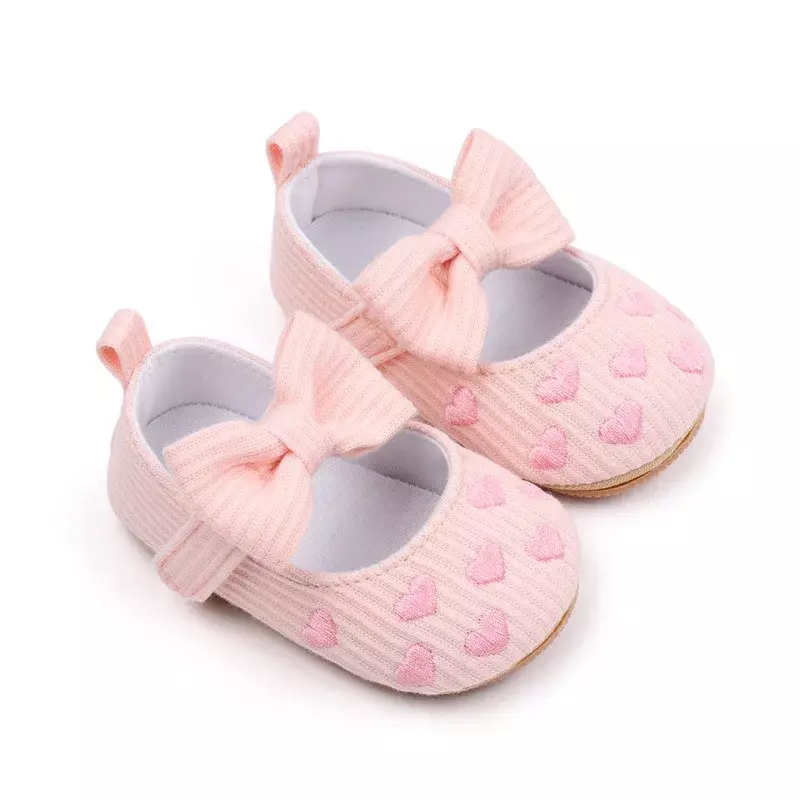 Classic Embroidered Love Baby Girls Shoes Newborn Rubber Sole Anti Slip Baby Princess Shoes Cute Bowknot Toddler Infant Shoes