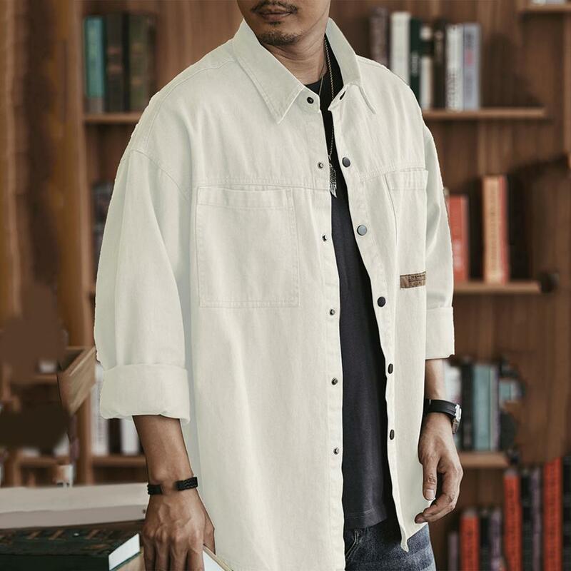 Camisa de estilo Retro para hombre, cárdigan informal con bolsillos de parche, cuello vuelto, camisa de manga larga de Color sólido para primavera y otoño