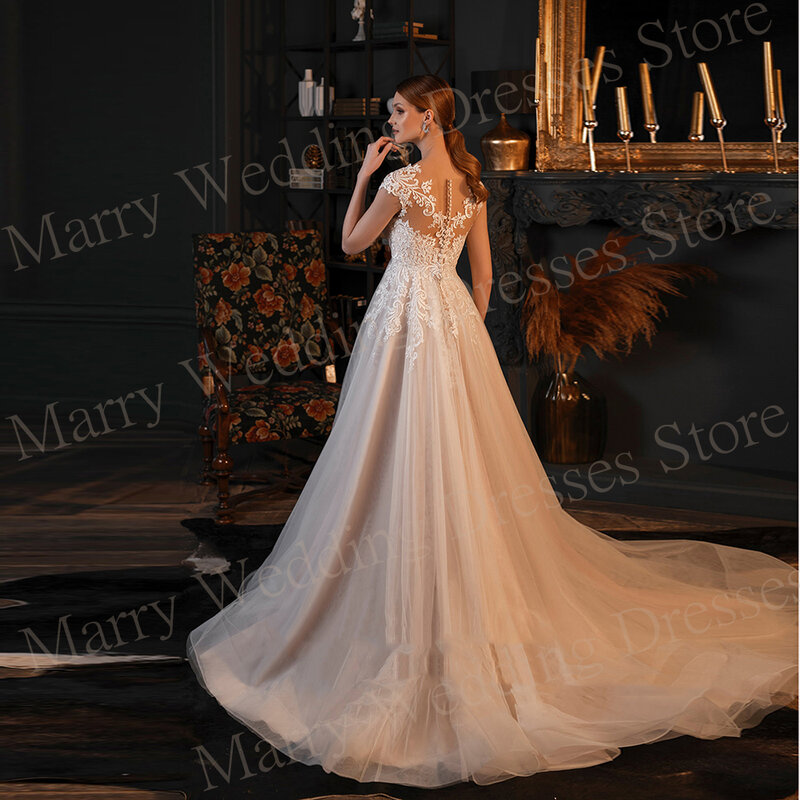 Graceful gaun pernikahan wanita A Line gaun pengantin applique renda Vintage gaun pengantin topi lengan kancing ilusi jubah De mariee