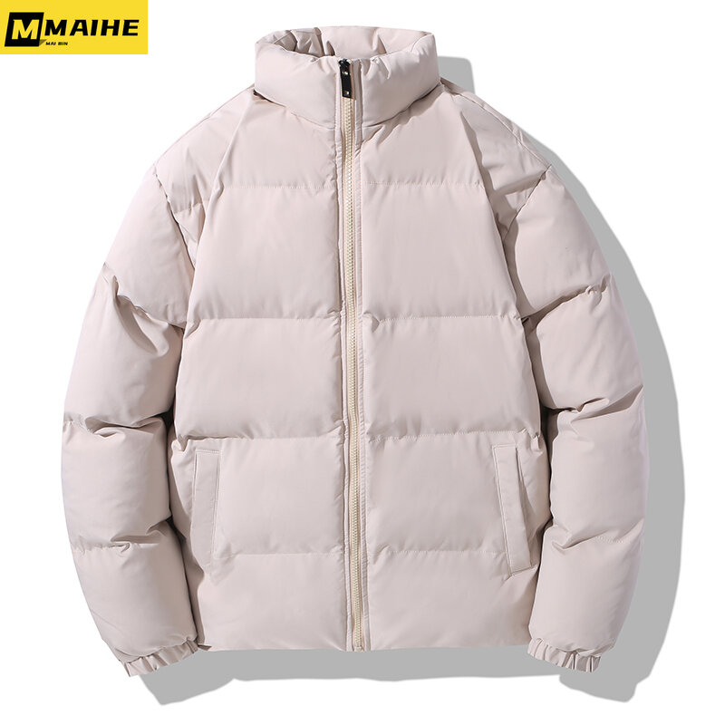 Jaket musim dingin untuk pria, mantel hip hop pakaian jalanan Harajuku ukuran plus kerah berdiri warna polos modis 2023