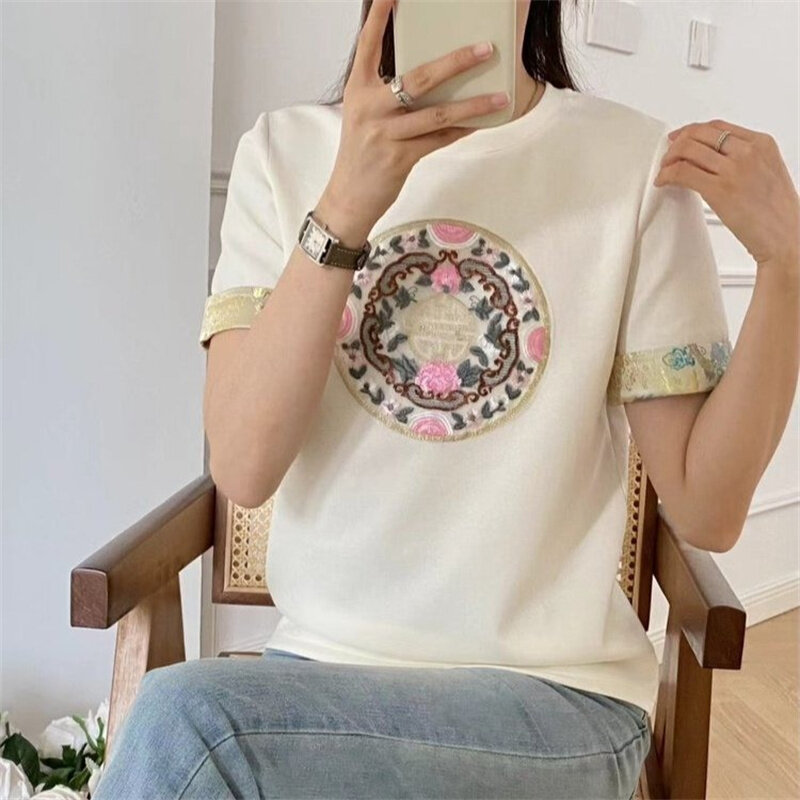 Ropa de estilo chino para mujer, camisetas con cuello redondo, estampado Vintage, Tops ajustados de algodón, camiseta de manga corta, novedad de verano