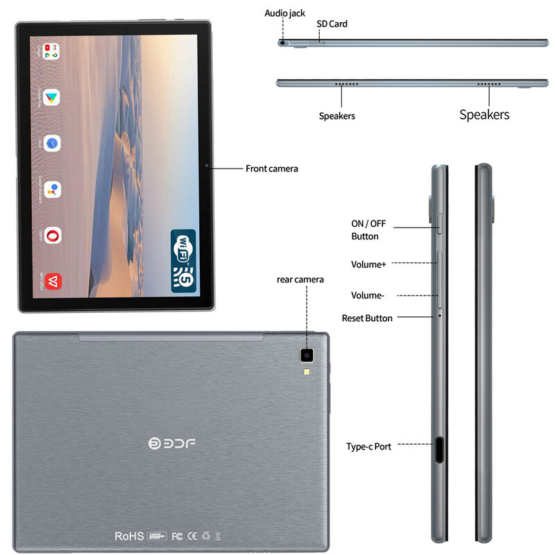 BDF Tablet kartu Sim seluler 10.1 inci, Tablet Android octa-core RAM 6GB ROM 128GB Tipe C WiFi Bluetooth Google Android 12