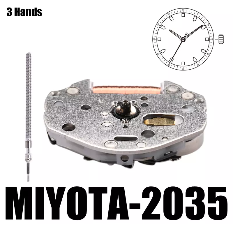 Miyota 2035 Movimento Branco, 3 Ponteiros, Tamanho 6, 3, 4x8 '', Alto 3.15mm, Seu Motor, Feito no Japão, Metal