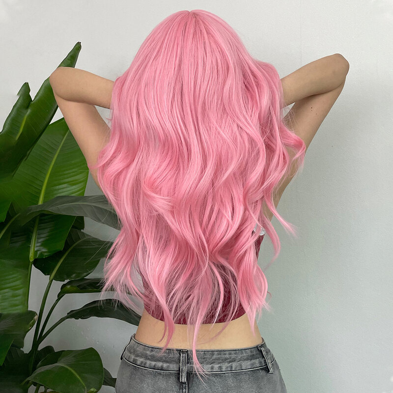 Long Wavy Wigs With Bangs Pink Synthetic Wigs for Women 24 Inch Long Curly Wig Heat Resistant Fiber Hair for Daily Party Use