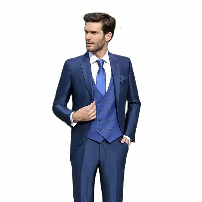 Costumes de mariage bleu 3 pièces pour hommes, veste et pantalon, col à boutonnage simple, revers pointu, tenues masculines, vêtements de mariage, mode