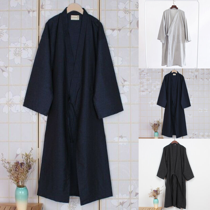 Solid Men's Japanese Kimono Yukata Robes Casual Long Sleeve Bathrobe Pajamas Cotton Home Robe Loungewear Casual Nightwear