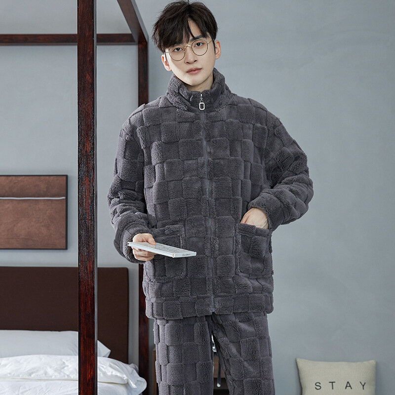 Heren Warme Pyjama Sets Herfst Winter Dik 2 Delige Set Flanellen Nachtkleding Losse Lange Mouw Effen Huiskleding Sets