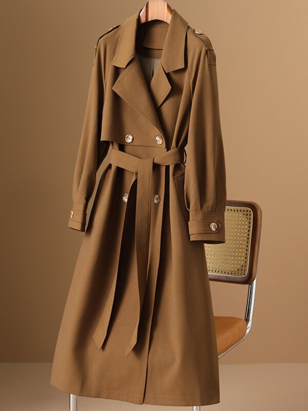 Maillard-Casaco de quebra-vento marrom feminino, casaco longo de lã de temperamento alto, novo europeu, outono