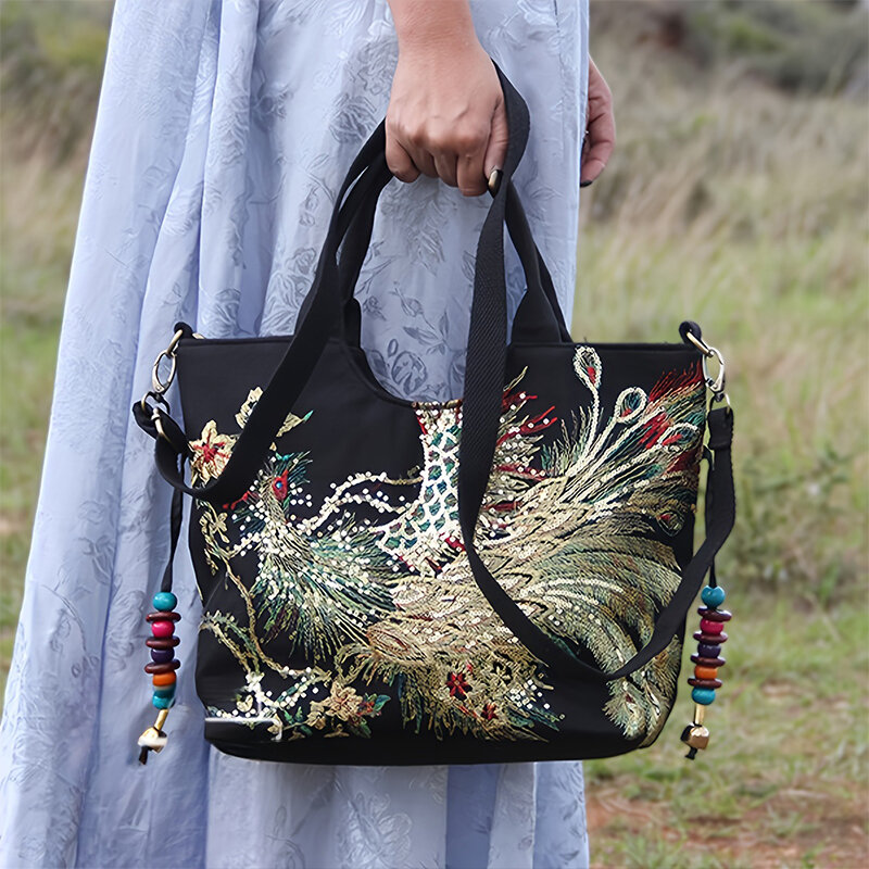 2024Trend Fashion Embroidered Women's Handbag Ethnic Shiny Peacock Bohemia Retro Large Aesthetic Women Shoulder Bag Tote Shopper