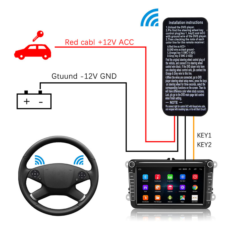 범용 SWC 무선 자동차 핸들 제어 버튼 리모컨, 스테레오 DVD GPS 다기능 자동차 액세서리