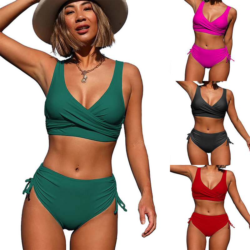 Vrouwen Bikini Set 2022 Zomer Mode Solide Hoge Taille Badpak Push Up Sexy Beach Wear Koord Zwemmen Pak Dames badmode
