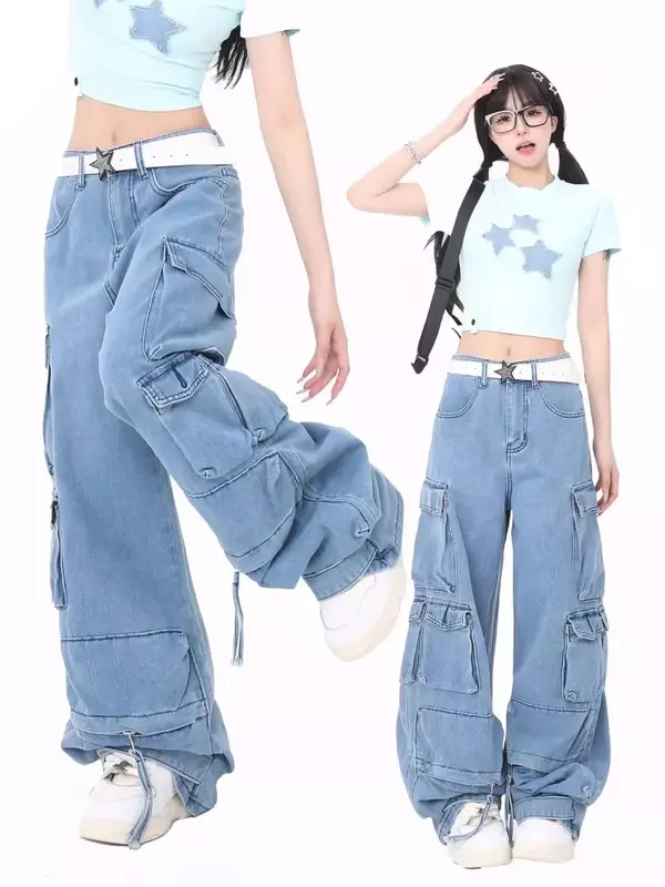Amerikaanse Creatieve Roze Multi-Pocket Losse Rechte Werk Jeans Voor Vrouwen Y 2K Dopamine High Street Gothic Losse Zomer Mode Jeans