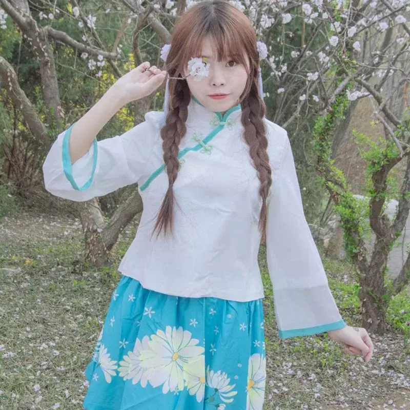 Ladies White Shirt Blue Daisy Printed Skirt Outfits Old China Traditional Ethnic Hanfu Clothing Girls Retro Maid Cosplay Costume