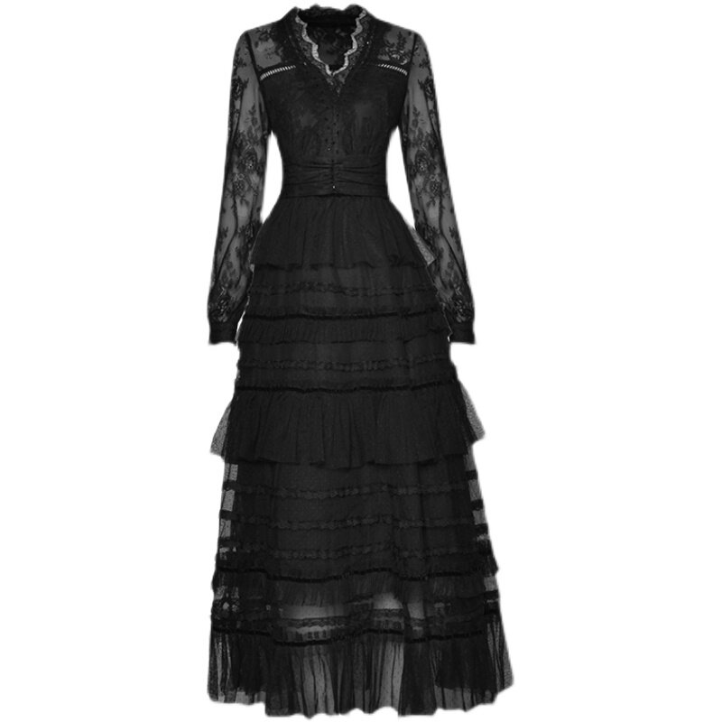 Tailor shop-vestido de encaje de manga larga con cuello en V, falda de pastel con volantes en la cintura, vestido hinchado de malla, pequeño vestido de encaje negro