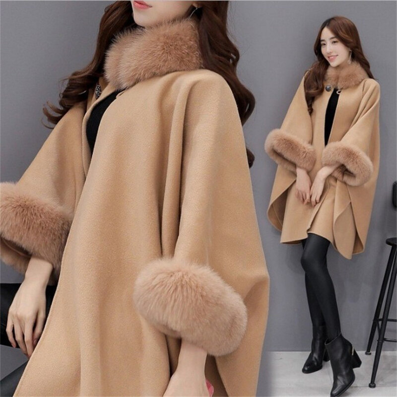 Poncho de lana de gran tamaño para mujer, capa de punto de mezcla de piel sintética de conejo, cárdigan largo, abrigo de calle, S-5XL