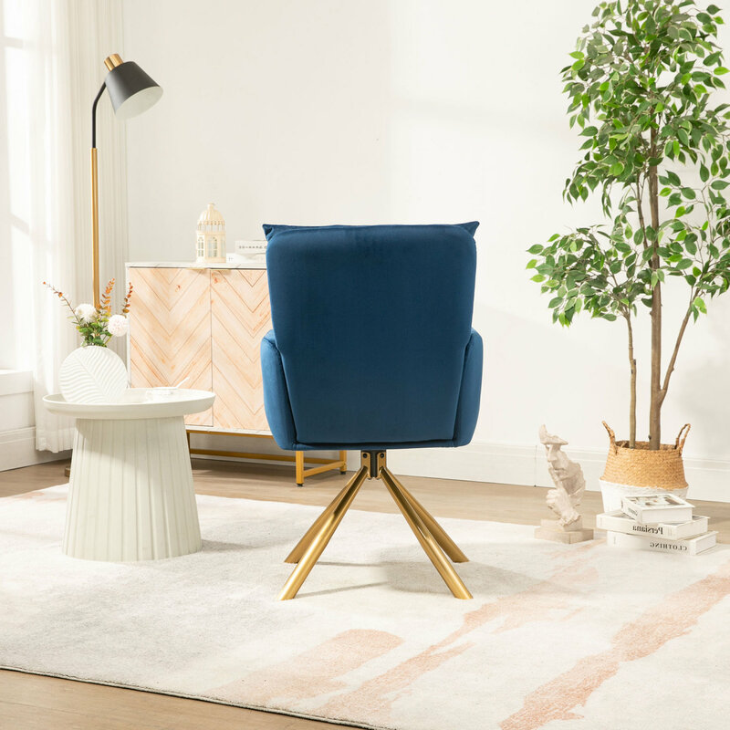 Cadeira estofada de veludo azul escuro contemporâneo, cadeira giratória sotaque, design luxuoso e sofisticado