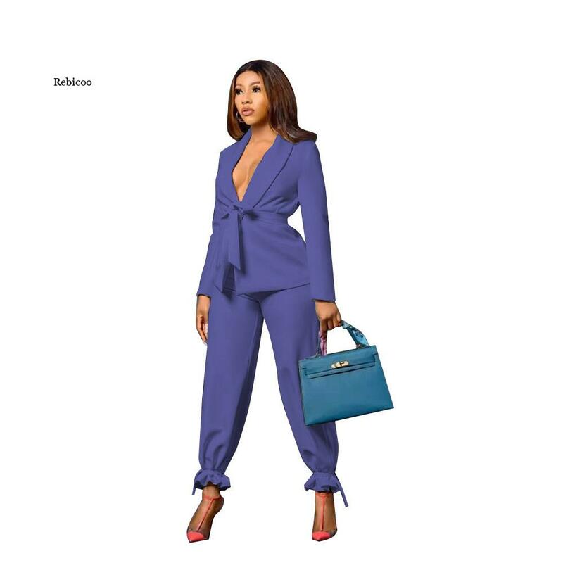 Women Casual Clothing Sets Long Sleeve Bandage Waist Blazer and Pants Suits Ladies Two Pieces OL Business Blazer Sets