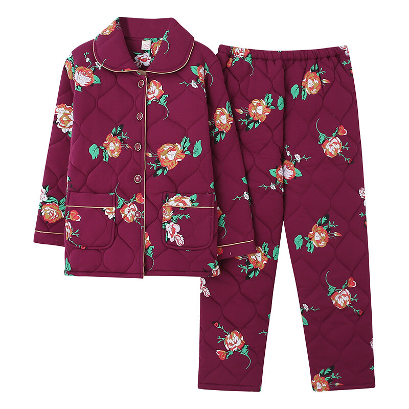 Inverno três camadas grossas manter quente acolchoado jaqueta feminina pijamas florais inverno M-XXXL pijamas