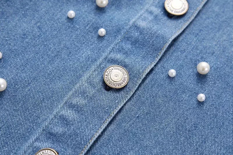 Blusa de mezclilla asimétrica para mujer, camisa holgada de manga larga con botones, con decoración de perlas artificiales, a la moda, novedad de 2023