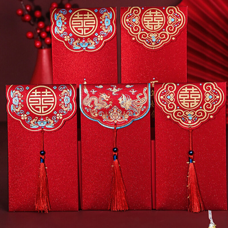 Традиционный китайский свадебный красный конверт с кисточкой, 10 шт., пакеты для денег на удачу, благословение, красный пакет, свадебные подарки Hongbao