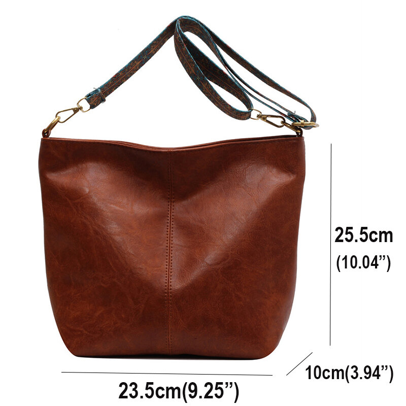 Large Capacity Vintage PU Leather Shoulder Bag Women Fashion Simple Retro Design Wide Geometric Strap Bucket Crossbody Bags