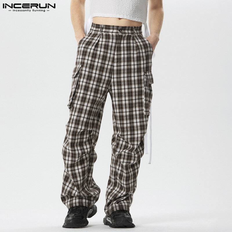 INCERUN-Joggers masculinos de botão xadrez, calças compridas masculinas, bolsos plissados soltos, calças retas casuais, streetwear, S-5XL, 2024
