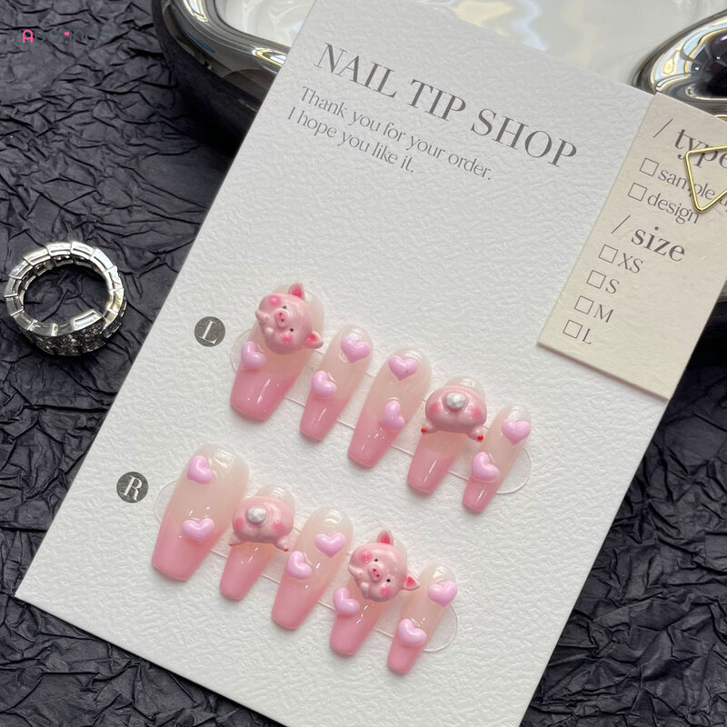 Handmade Pink Fake Nails with 3D Cartoon Pig Love Heart Designed Press on Nails Long Ballerina French Style False Nails Tips