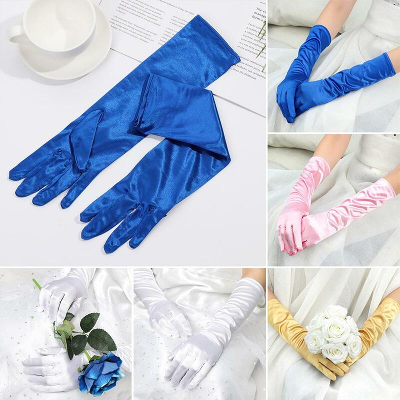 Длинные свадебные перчатки с пальцами для вечеринки, перчатки с хлопушкой, Стрейчевые атласные наручные перчатки для выпускного вечера