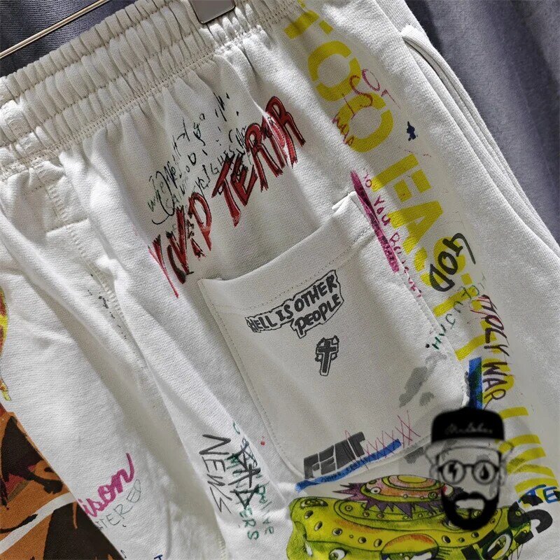 Cartoon Graffiti Print Pure Cotton Sports Shorts, Casual Summer Shorts, frete grátis