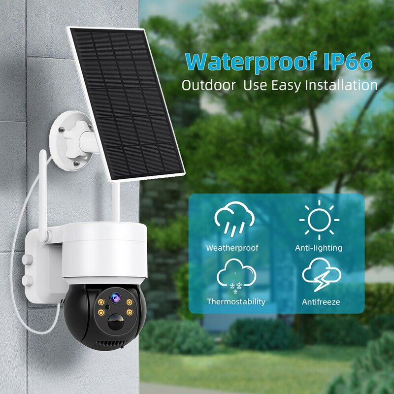 Caméra de surveillance extérieure solaire PTZ HD 4MP, dispositif de sécurité sans fil, étanche, avec panneau solaire, vision nocturne PIR et poignées humaines