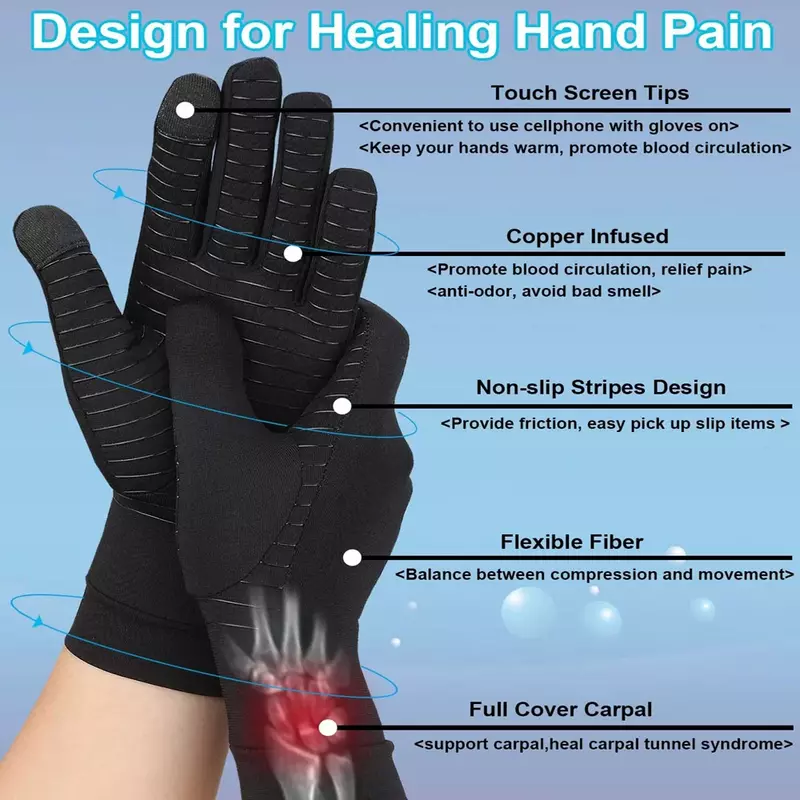 1 paio di guanti per l'artrite a compressione in rame, punte per Touchscreen.