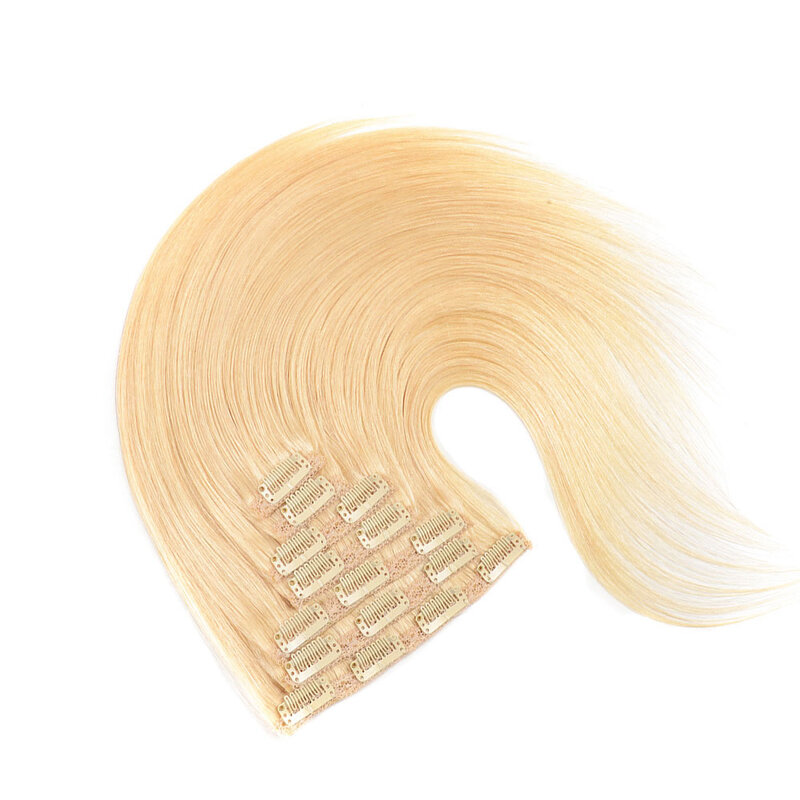 天然ストレートクリップの人間の髪の毛のエクステンション,ブラジルのレミーの髪,本物のヘアピース,機械製,#613,白いブロンド,1セットあたり120g,14-24