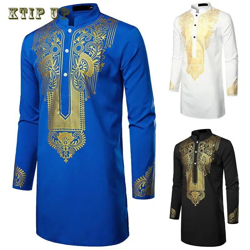 Luxe Casual Islamitisch Arabisch Abaya Gewaad Mode Etnische Print Kraag Jeugd Mid-Length Shirt Jas 2024 Moslim Mannen Kleding