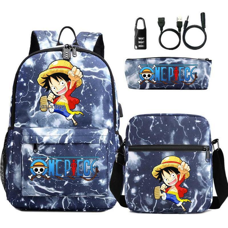 Japão anime mochila escolar para menino e menina, saco de escola com suporte usb, impermeável, desenhos animados, uma peça, 3 pcs/set