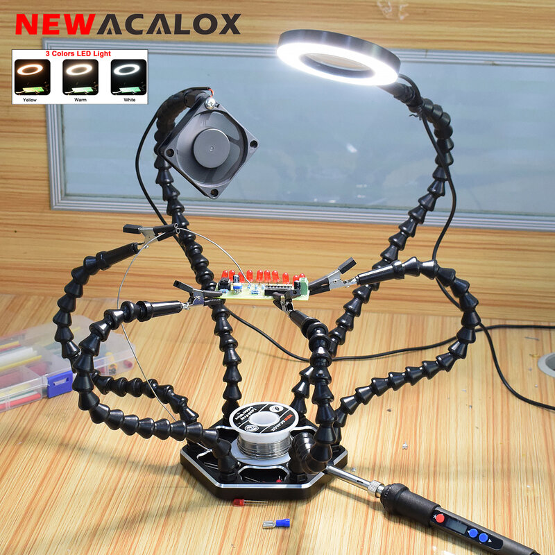 NEWACALOX ช่วยมือ Soldering ที่สามมือ6แขนปรับได้3X LED แว่นขยายสำหรับ Soldering,ชุดซ่อม