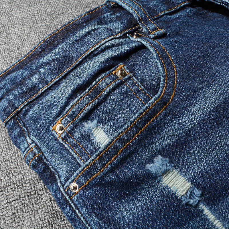 Jeans de couro rasgado remendado para homens, moda de rua, calça de marca estilista, azul escuro retrô, laranja, hip hop