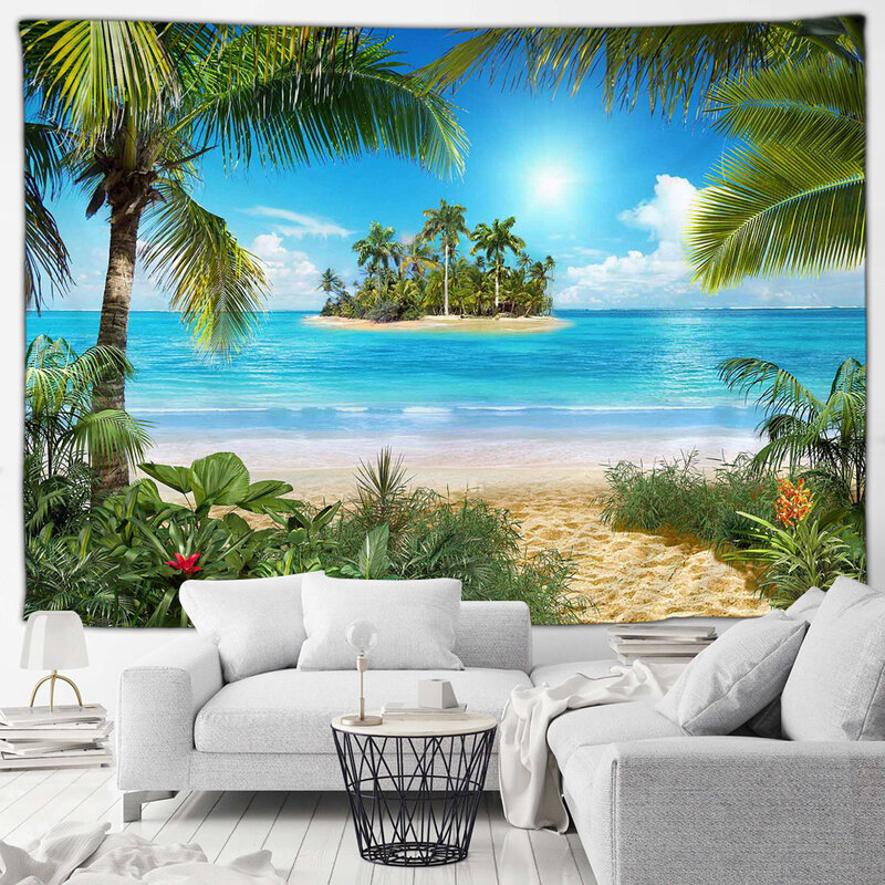 Tapiz de paisaje de cascada Tropical, decoración de habitación del hogar, colgante de pared de jardín, playa de palmeras, Océano de bambú verde Zen, Isla