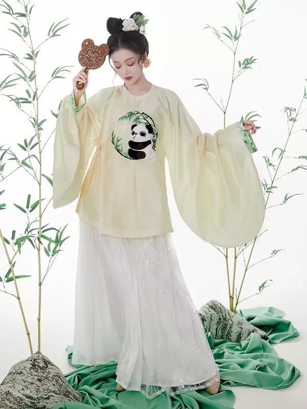 Ming Panda bordado de bambú para hombre, cuello redondo, estilo tradicional chino, Guerrero, Hanfu verde, Jacquard, Top de hilo oscuro, disfraz