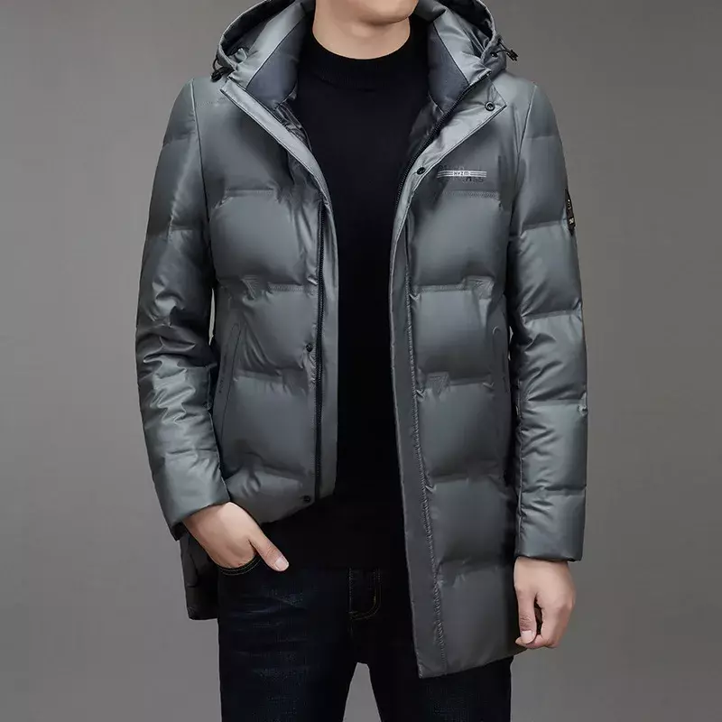 Chaqueta de plumón de cuero para hombre, chaqueta informal de longitud media con capucha desmontable, novedad de 2023