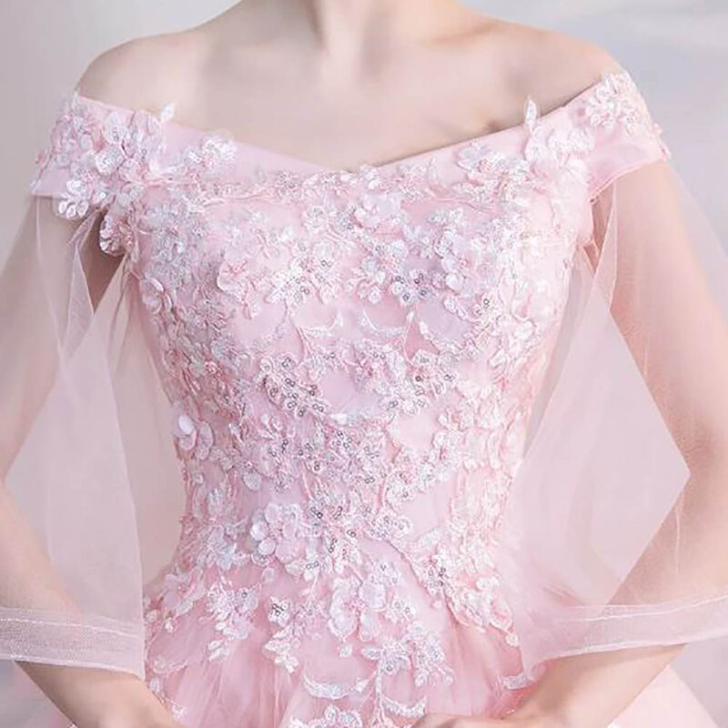 Gaun Prom 2024 gaun pesta malam ulang tahun berlipat applique renda lengan Bell bahu terbuka gaun pesta malam Putri "de Soiree