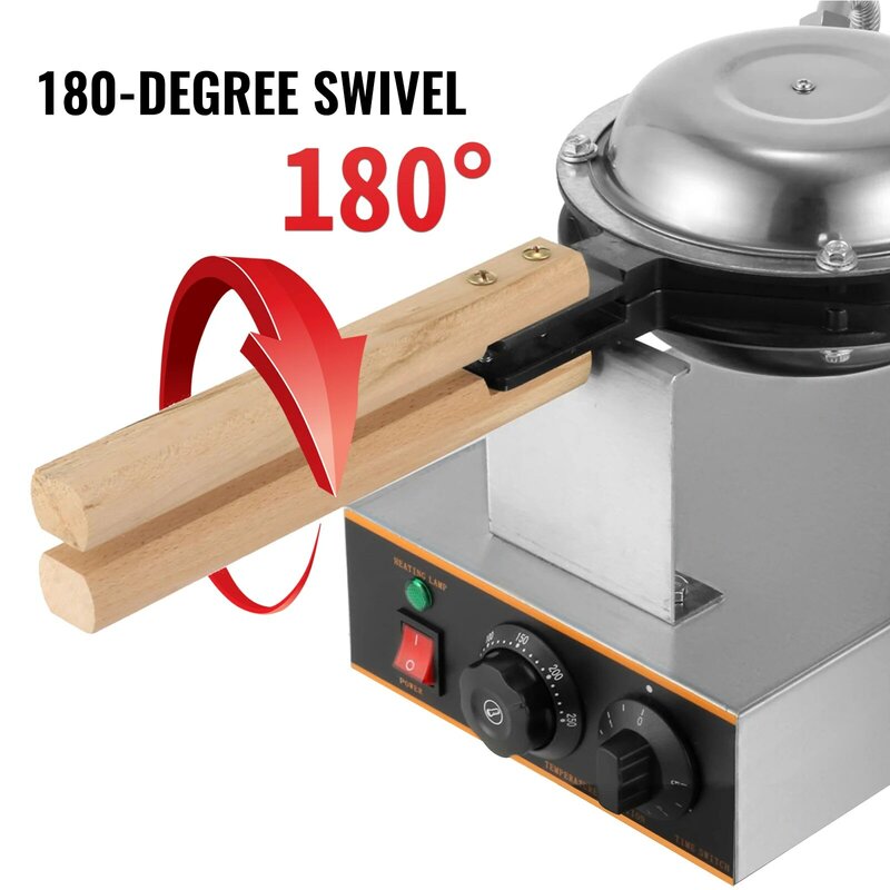 VEVOR Commercial Egg Bubble Waffle Maker 1400W Bubble Puff Iron w/ 180° Rotatable 2 Pans & Wooden Handles Stainless Steel Baker