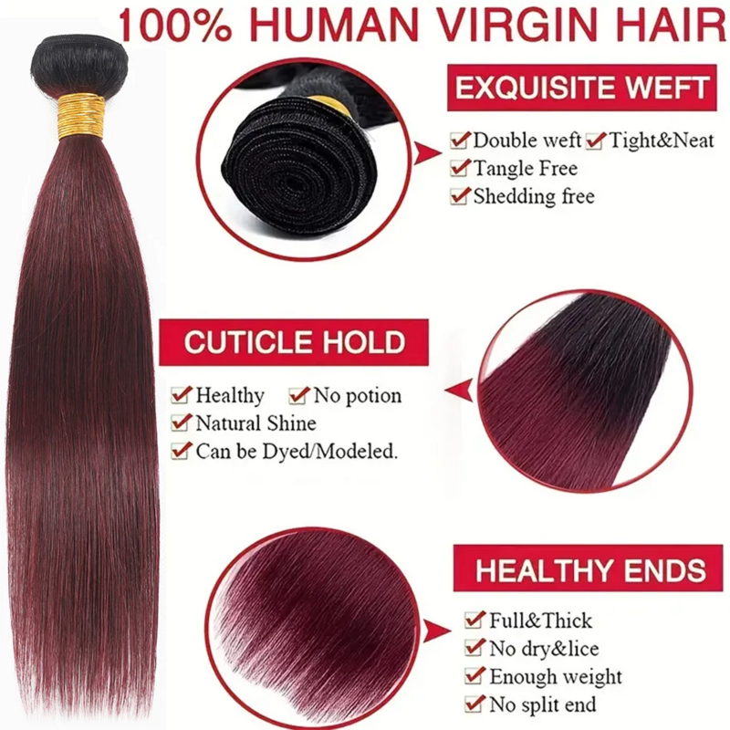 Extensiones de cabello humano brasileño para mujer, mechones rectos ombré Borgoña, rojo vino oscuro, 1B/99J, sin procesar, 1, 3, 4 unidades por lote