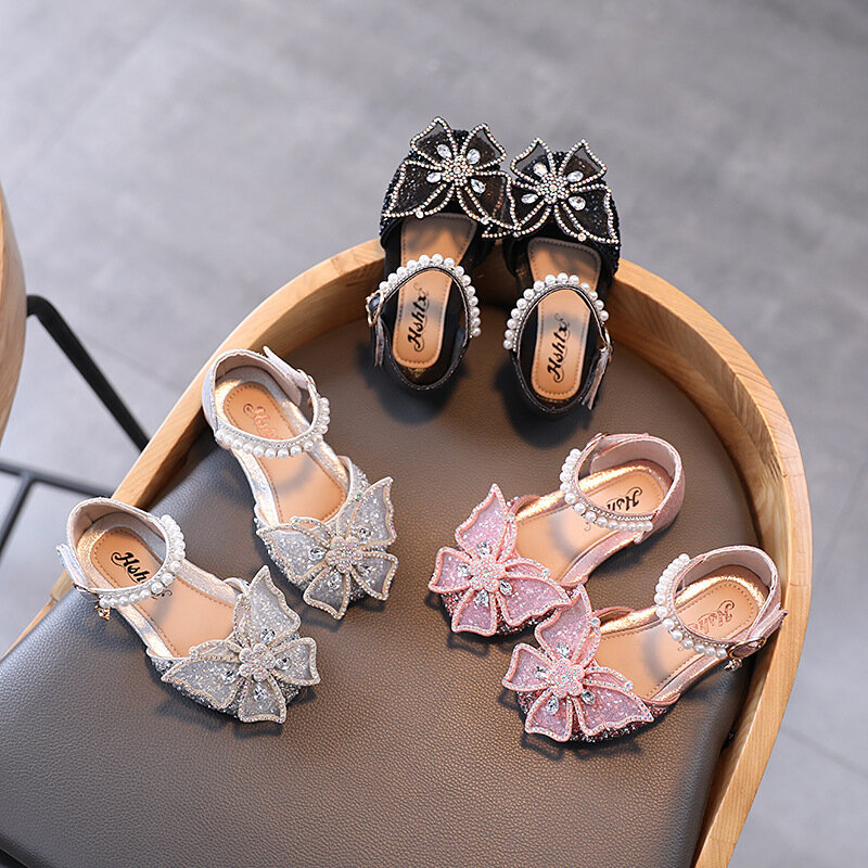 Летние сандалии для девочек, модные блестящие босоножки для принцесс с бантом для девочек, обувь для маленьких девочек, сандалии на плоской подошве, размеры 21-35