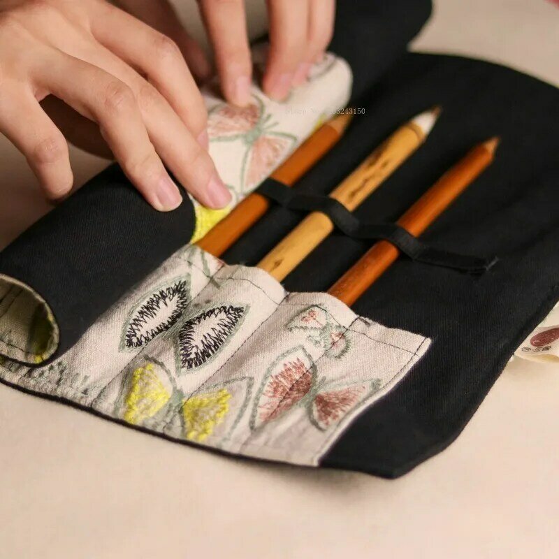 Sac de rangement portable pour stylo brodé à la main, rouleau de stylo, brosse, calligraphie d'art étudiant, peinture chinoise, fournitures de croquis