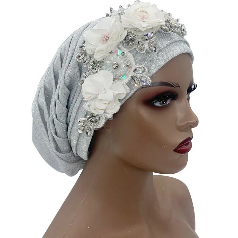 2023 NEW Shiny Pleated Turban Cap with Diamond Bouquet African Headtie Women's Head Wrap Nigeria Headpiece Lady Party Hat