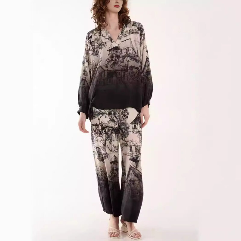 Elegante Print Shirt Broek Pyjama Voor Vrouwen Twee Stukken Set Losse V Hals Lange Mouw Blouse Pnats Pak Loungewear Vrouwen Outfits