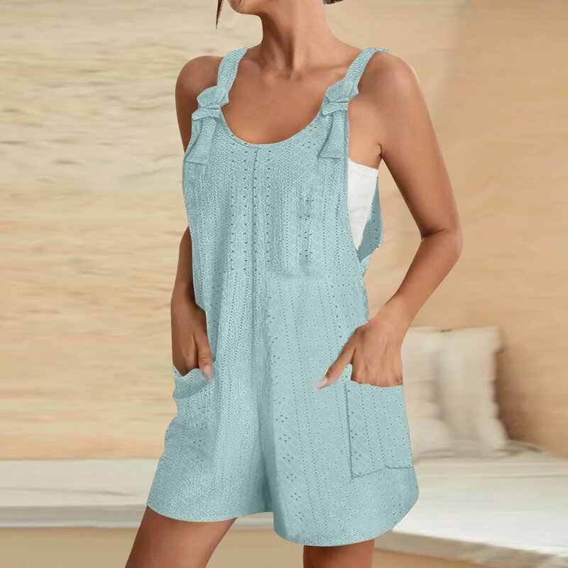 2024 New Women Jumpsuits Summer Shorts Overalls Solid O Neck Knotted Sleeveless Casual Rompers With Pockets Playsuits