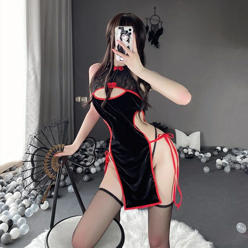 Gaun Qipao Seksi Wanita Cheongsam Antik Elegan Anime Kawaii Cosplay Kostum Erotis Celah Samping Rok Mini Seragam Jubah Panjang