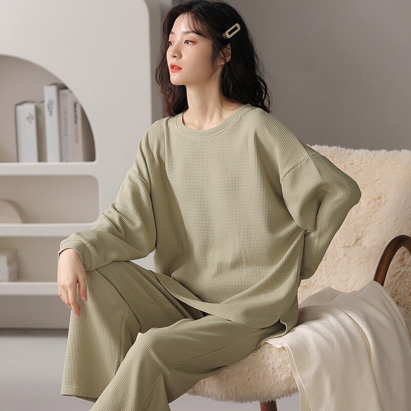 Novo terno de pijama feminino algodão material waffle em torno do pescoço alta senso manga longa calças vestíveis roupas para casa frete grátis 038