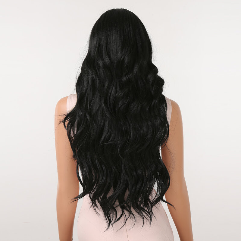Długie faliste ciemny czarny wyróżnij peruki syntetyczne z blond grzywką dla czarnych kobiet naturalne Cosplay ciało fala żaroodporne włosy